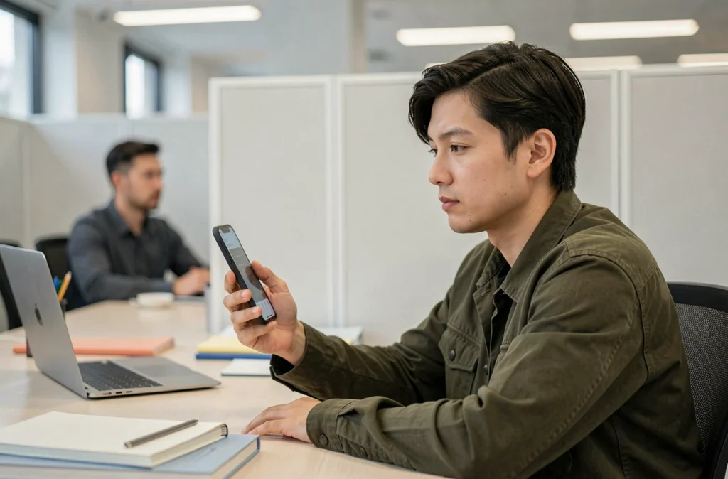 Personne envoyant un SMS en toute discrétion au bureau sans que son collègue ne puisse voir l'écran