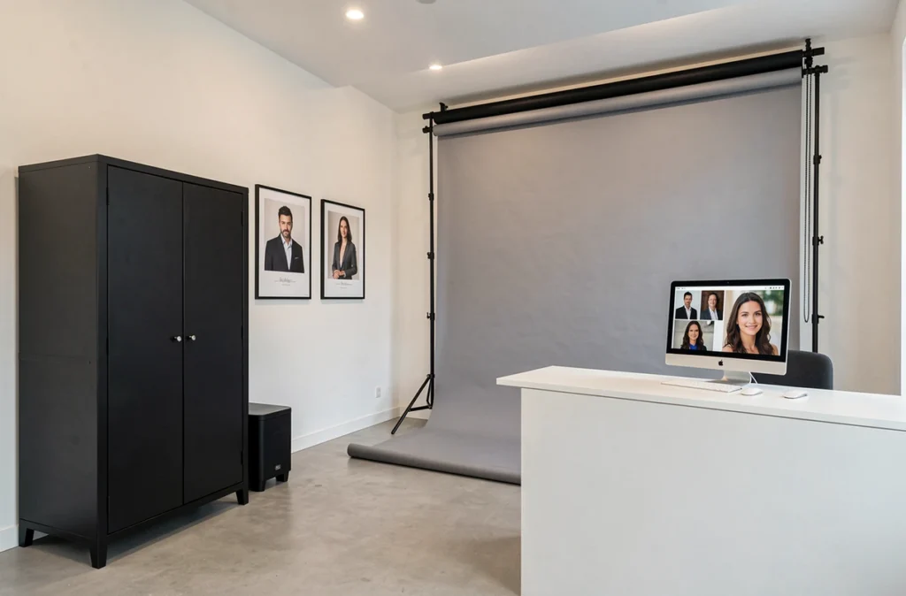 Intérieur moderne du Studio Esprit Photo dans le Nord avec fond papier et exemples de portraits encadrés