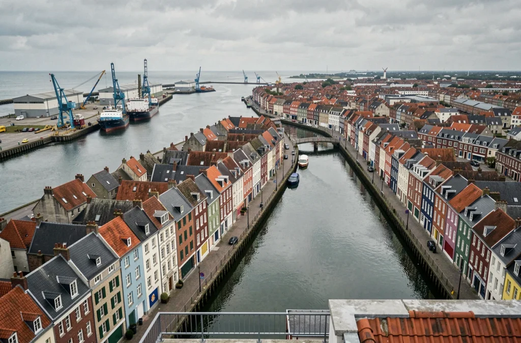 Vue panoramique des quartiers de Dunkerque avec port industriel et maisons flamandes traditionnelles