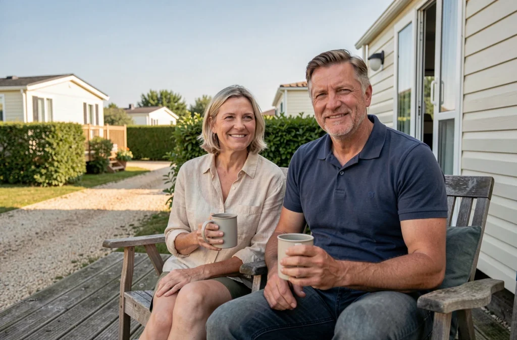 Couple se relaxant sur la terrasse d'un mobil-home dans un camping en France