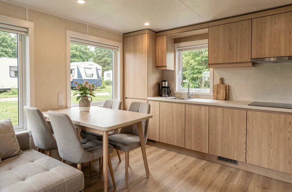 Intérieur spacieux et moderne d'un mobil-home haut de gamme dans un camping français
