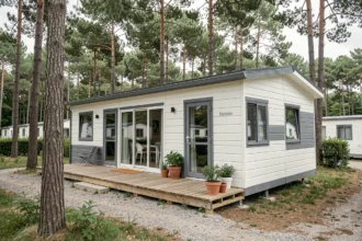 Mobil-home moderne de marque premium installé dans un camping français entouré de pins